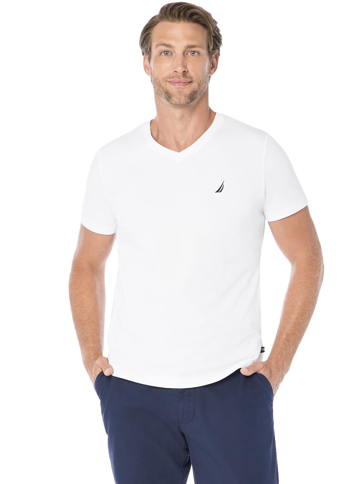 Nautica Men's Short Sleeve Solid Slim Fit V-Neck T-Shirt, Bright White, XXL