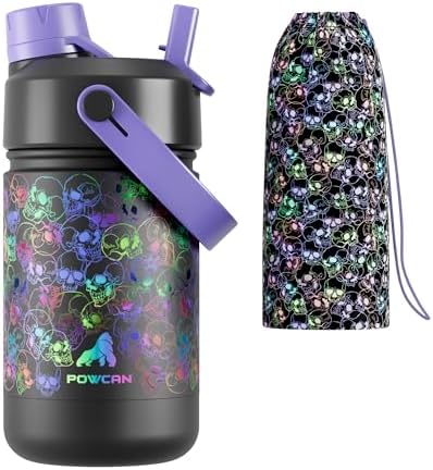 12 oz Insulated Water Bottle for Kids: Glow-in-the-Dark, 2-in-1 Straw Spout Lid, Leakproof, BPA-Free, Keep Cold 24H, Stainless Steel Cup with Carrier Bag for Party, Holiday, Gift (Luminous Souls)