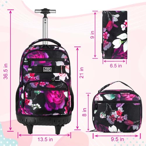 3Pcs Rolling Backpack for Girls, 19 Inche Rose Roller Bag with Wheels, Adults Wheeled Bookbag Set for Women(Black)4