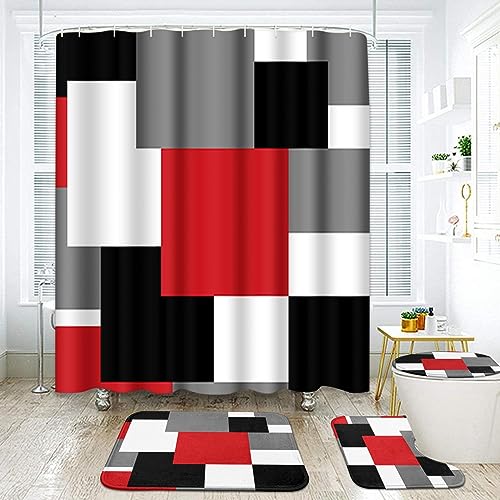 ArtSocket Geometric Red Bathroom Set with Shower Curtain and Rugs Accessories, Black and Gray Modern Shower Curtain, Red Bathroom Decor 4 Pcs