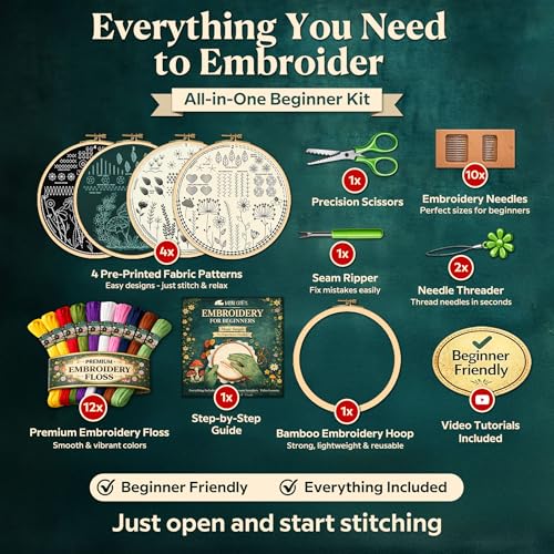Image of Moni Crafts - Embroidery Kit for Beginners Adults - Learn Embroidery Stitches, Complete Starter Kit with 4 Pre-Printed Patterns (Mushroom & Floral), Threads, Needles & Hoop - Video Tutorials