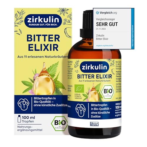 Zirkulin Bitter-Elixir – Bio Bittertropfen 100ml - Bitterstoffe aus 11 erlesenen Kräutern 4-8:1 Extrakt – Hildegard von Bingen – vegan, zuckerfrei – Reichweite 3600 Tropfen