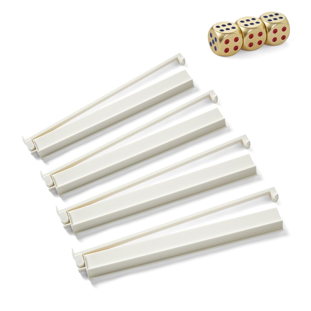 Mahjong All-in-One Tile Rack & Pusher, Acrylic Mahjong Combo, Enhanced Mah Jongg Tile Holders Set of 4 with 3 Goldern Dics (Beige White)
