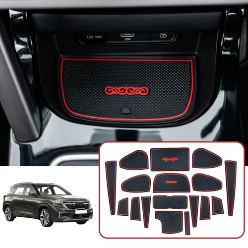 Image of Car Drome | Door Cup Bottle Mat Set for Kia Seltos Facelift 2023 to 2025 | Premium Non Slip Soft Rubber Inserts | Custom Fit 17 Pieces | Red Trim Interior Car Accessories | Dustproof Washable