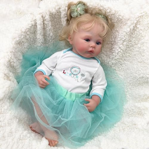 RXDOLL 19 Zoll Reborn Babypuppen Silikon Ganzkörper Mädchen Wasserdicht Realistische Babypuppen Die Echte Vinyl Babys Neugeborene Puppe Mit Blauen Augen Blond Haar Für Kinder Ab 3 Jahren – Bild 4