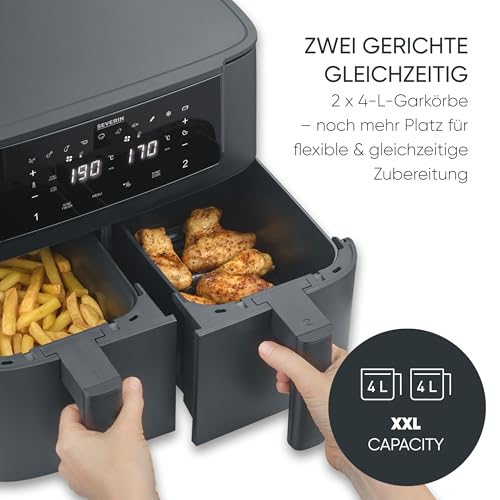 Severin Heißluftfritteuse Dual Zone, 2x4L Fächer, vielseitige Zubereitung, Touch-Display, Warmhaltefunktion, Temperatureinstellung synchronisierbar, 10 Programme, 2600W, Black Line, schwarz, FR 2463 3