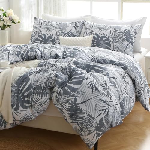 MUXHOMO Duvet Cover Full Size, Reversible Floral Black & Grey Duvet Cover Set with Zipper Closure, 3 Pieces Botanical Patterns Soft Microfiber Bedding Set with 4 Ties (80"x90", 2 Pillow Cases) US