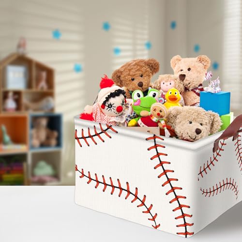 Image of Baseball Decor Storage Basket Waterproof Canvas Toy Storage Bin Baseball Room Decor Collapsible Outdoor Basket with Leather Handles Blanket Baskets For Closets,Bedrooms,Gifts Baskets