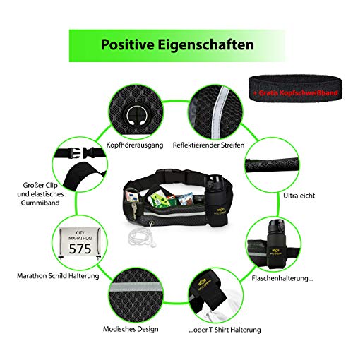 Lucky Humans Laufgürtel Sport, Joggen & Laufen mit Handy-Tasche schwarz - Damen & Herren Bauchtasche mit Flaschen & Handy-Halterung - Trinkgürtel Running & Walking Belt - Jogging & Lang-Lauf Zubehör