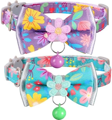 Cat Collar Breakaway, HYQHYX Floral Kitten Collar with Bell, Cute Cat Collar with Bow for Girl Boy Removable Bowtie