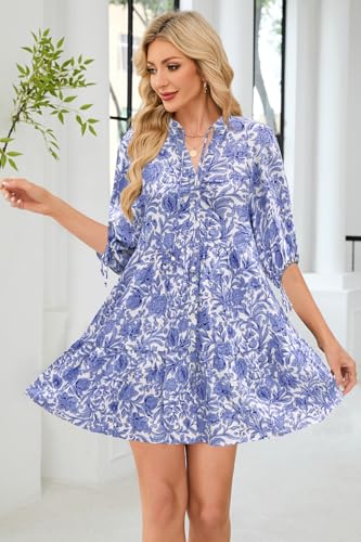 Women's Summer Button Down Shirt Dress Casual V Neck Floral Boho Puff Short Sleeve Loose Cover Up Beach Mini Dresses4