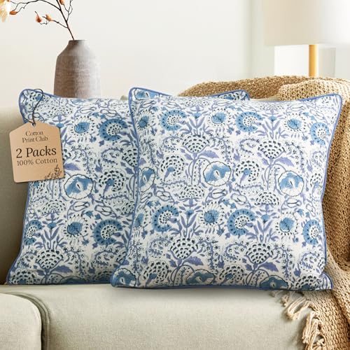 CPC 100% Cotton Throw Pillow Covers 16X16 Blue Block Print Pattern Couch Pillow, Cute Boho Decorative Pillows for Living Room, Bedroom with Hidden Zipper- Indigo Blue