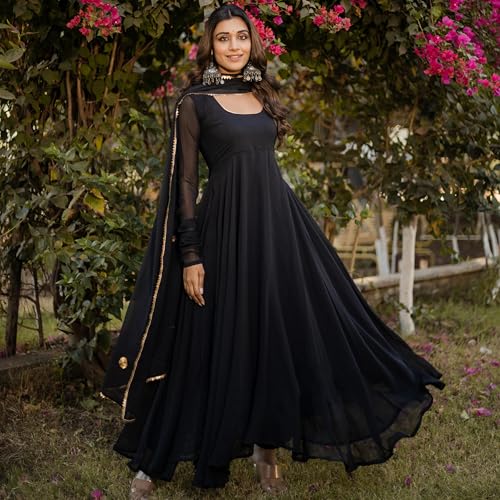 Image of ESTELA Women's Solid Pattern Faux Georgette Anarkali Kurta Pant Dupatta Set with Long Sleeve Square Neck Calf Length and Pull On Closure Type | Anarkali Suit For Womens | Flair Suit For Women