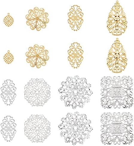 PandaHall 160pcs Filigree Joiners Links Iron Filigree Charms Pedents, 8 Style 4 Color Filigree Metal Embellishments for DIY Headwear Earring Brooch Necklace Jewellery Making Gift Wrapping