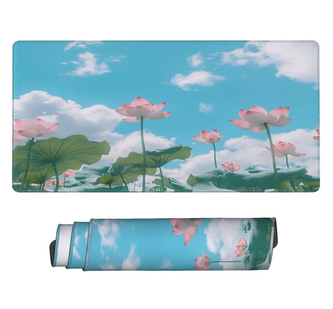 Tappetino Mouse Cielo Blu, Mouse Pad XXL 1000 x 500 x 3 mm, Fiore di Loto Tappetino Gaming Grande Sottomano Scrivania, Impermeabile Mousepad con Base in Gomma Antiscivolo per Computer, PC-MP1573