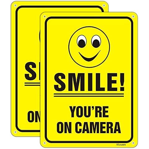 Smile You're On Camera Signs 250mmX180mm Video Surveillance Sign, Warning for CCTV Monitoring System Sign Reflective Aluminum Anti UV Protected Metal Sign Waterproof Durable Easy to Install 2 pack Cover