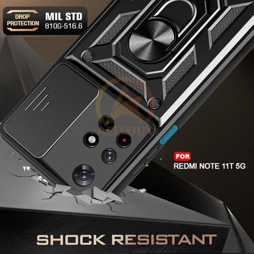 Image of Armor Bumper Back Cover Case for Redmi Note 11T 5G / Poco M4 Pro 5G Rotating Camera Cover, Ring Holder & Kickstand | Heavy Duty & 360 Degree Protection Back Cover (Black)