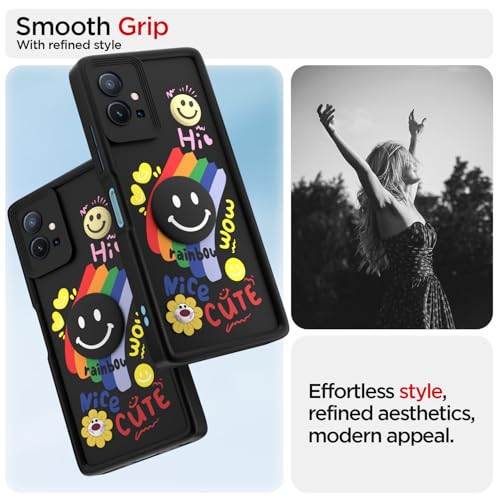 Image of Pikkme Back Cover for Vivo T1 5G / Vivo Y75 5G / iQOO Z6 5G | Soft Silicone| Cute Rainbow Smile & 3D Cartoon Flower Design | Shockproof Raised Camera Protection Bumper Case (Black)