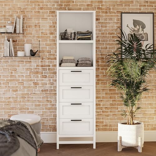 Systembuild Evolution Luxe 4-Drawer/3 Adjustable Clothing Rod Closet Tower, Ivory Oak