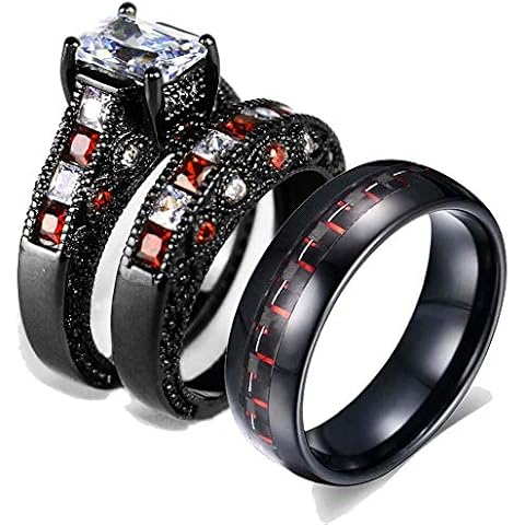 Gy Jewelry Two Rings His and Hers Wedding Ring Sets Couples Matching Rings Women's Black Gold Plated Cubic Zirconia Wedding Engagement Ring Bridal Sets & Men's Tungsten Carbide Wedding Band Cover