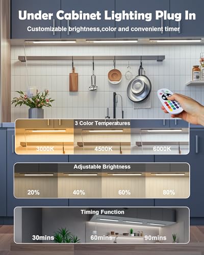 Image of SZOKLED Under Cabinet Lighting Plug in, Hardwired LED Under Cabinet Lights with Timer & Dimmable, 15 RGB Color Changing, 4-Pack