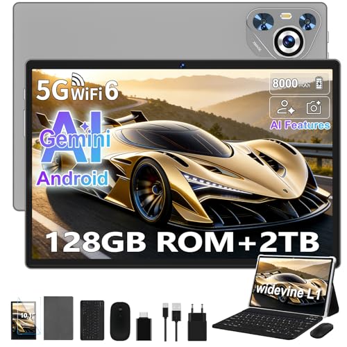 Dghrti 2026 Tablet Android, 22GB RAM+128GB ROM/TF 2TB, 8000mAh, 8 Core CPU, Control Parental, 3D Face ID, Widevine L1, WLAN 6, BT5.0, GPS, 5MP+8MP, Tablet con Funda Teclado+Ratón Gris