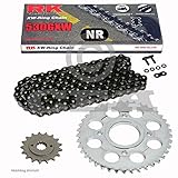 Kettensatz Inhalt: RK BL530GXW offene XW-Ring-Kette in SCHWARZ mit Hohlnietschloss und 114 Rollen, Ritzel mit 17 Zähne und Kettenrad mit 42 Zähne.