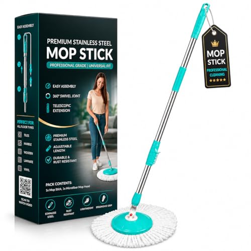 Image of Premium 360 Spin Mop Stick Rod | Adjustable & Extendable Mop Handle | Heavy Duty Rust-Proof Floor Cleaning Rod Compatible with Spin Mop Refill - 1 Refill