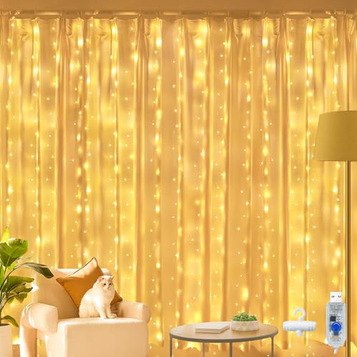 Ollny Curtain Fairy Lights, 200 LED USB String Light with 8 Modes Indoor Outdoor Warm White Waterfall Hanging Window Lights with Hooks, Bedroom/Outside/Wall/Door/House/Garden Decorations