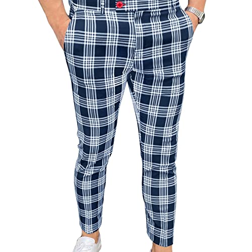 Men's Plaid Dress Pants Casual Mid Waist Skinny Stretch Suit Pants Slim Fit Slacks Tapered Pencil Lounge Trousers