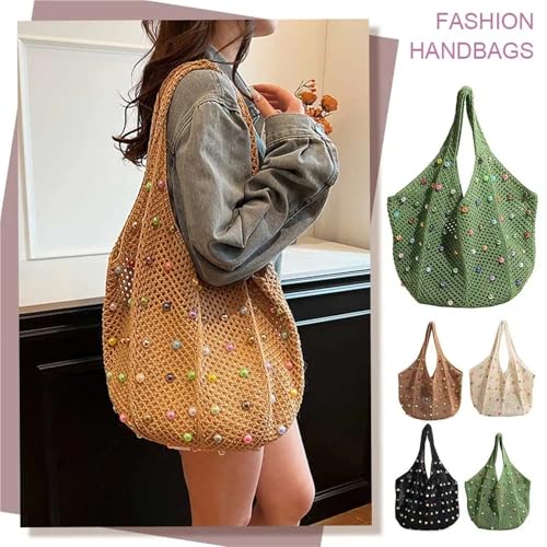 Women Boho Crochet Bag With Colored Beads Large Capacity Knitted Tote Handbag3