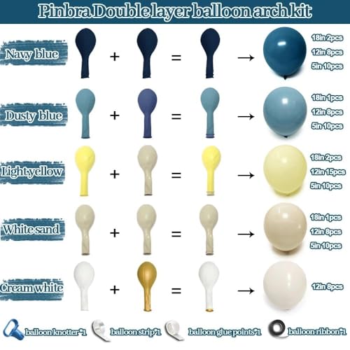 Image of Blue Yellow Balloon Arch Double Stuffed Dusty Navy Blue Light Yellow Cream White Balloon Garland Kit for Baby Shower Birthday Bridal Wedding Lemon Graduation Party Decorations