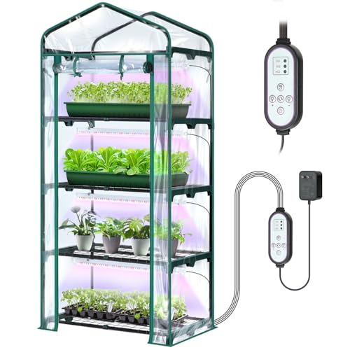 Indoor Greenhouse with Grow Light, Ohuhu 4-Tier Mini Green House for Winter - Full Spectrum...