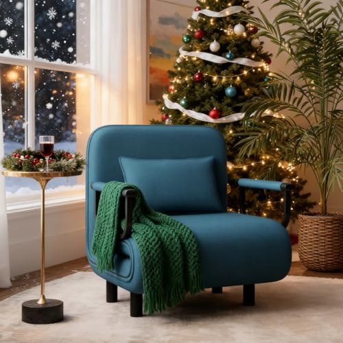 Fabulcozy Chauffeuse Canapé-lit Fauteuil Convertible Grand Confort Coussin Accoudoirs Métal 60L x 68I x 85H cm(Bleu)