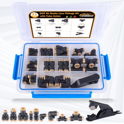 Image of CheeMuii 31 PCS DOT Air Brake Line Fittings 1 /4 inch 3 /8 inch Push to Connect Fittings Quick Connect Air Hose Fittings Repair Kit for Truck or Industrial Air System