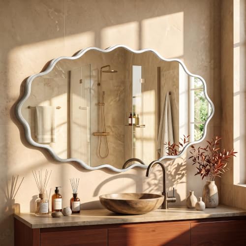 Image of Silver Oval Wall Mirror, 22 inch x 30 inch Wavy Bathroom Mirror for Wall with Brushed Alloy Steel Frame&Shatter-Proof Glass, Hanging Decorative Wall Mirrors for Bathroom Sink, Bedroom, Entryway