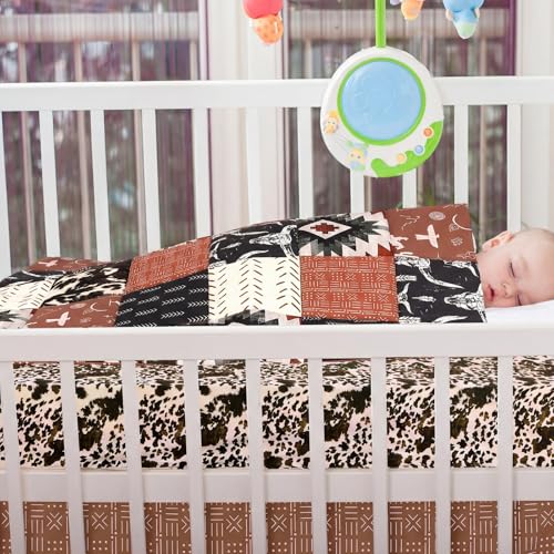 Image of Hahafelt 3 Pcs Western Cowboy Baby Crib Bedding Western Quilt Fitted Sheet Skirt Soft Flannel Nursery Bedding for Baby Boys Standard Infant Bed and Toddler Mattress Newborns Gifts