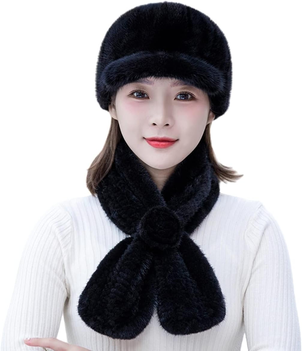 2PCs Hat Plus Scarf Women Girls Real Mink Hair Cap Visor Neck Warmer Wrap Winter Warm