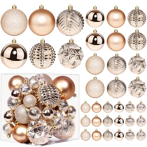 Christmas Ball Ornaments, 36pcs 3 Sizes Tree Decorations for Xmas Tree, Shatterproof Hanging Baubles Decorations for Wreath Party Ornaments (Multi-Styles,Champagne)