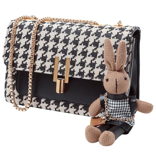 Alijulice Houndstooth Faux Leather Crossbody Bags, Womens Metal Chain Strap Vegan Shoulder Clutch Purse with Rabbit Key Ring (Black Gold)