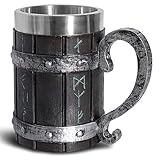 Vintage Faux Handmade Wooden Beer Barrel Mug,Drinkware Mug with Handle,Resin Bucket for Men Coffee Beverage Juice,Stainless Steel Liner Beer Stein Vintage Tankard Unique Gift