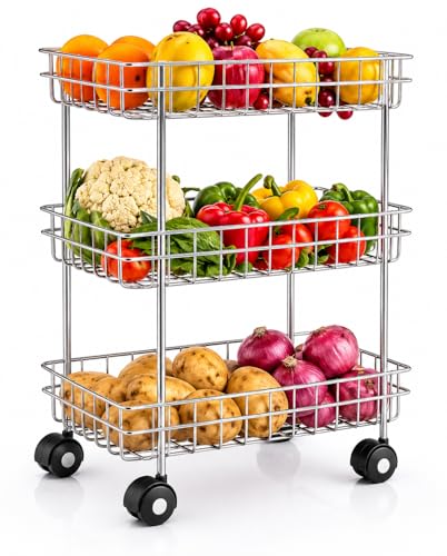 Image of Stainless Steel Modern Kitchen Storage Rack, Folding Perforated Design Trolley for Spice, Fruits, Vegetable, Onion, Potato, Organizer Stand with Wheel, 3 Layer Trolley