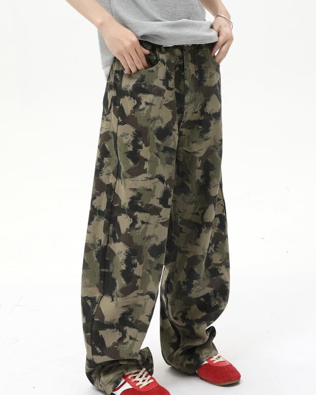 Men's Vintage High Street Washed Camouflage Jeans Wide Leg Trousers with Pockets3