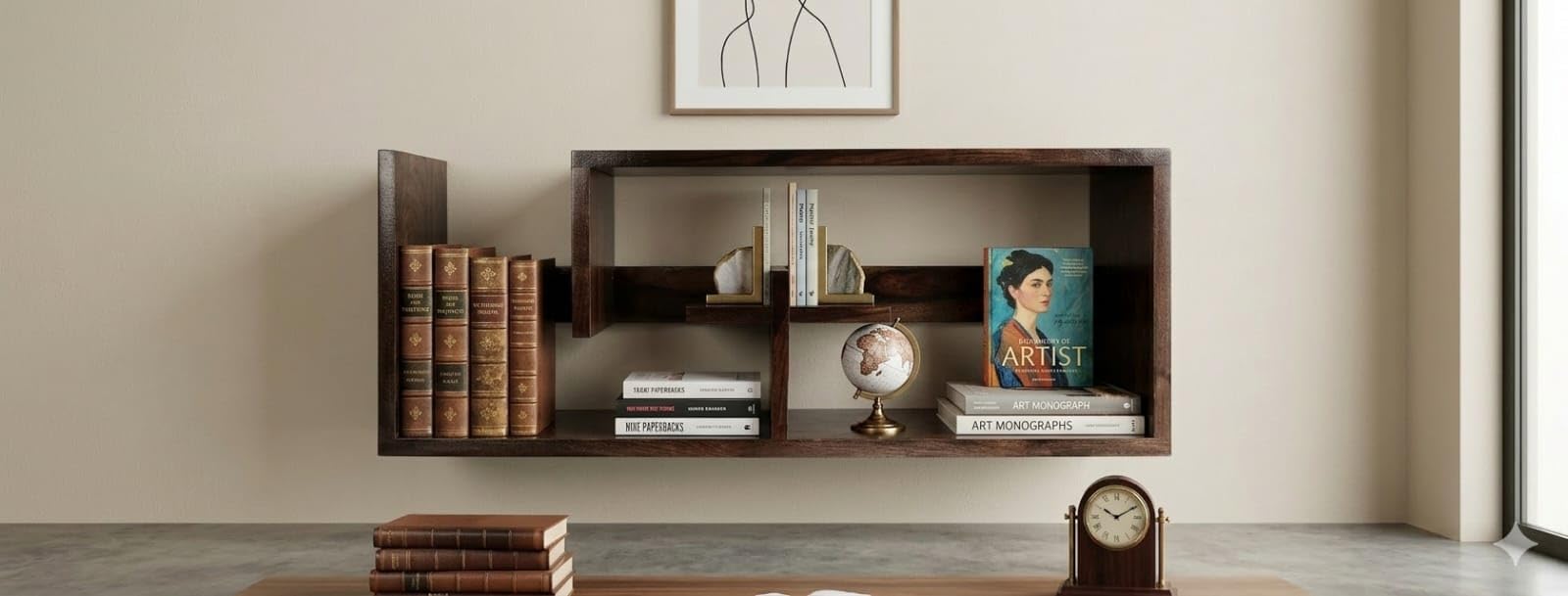 Wooden Wall-Mounted Floating Shelf, Dark Brown, Multi-Compartment Display Bookshelf for Living Room and Study | Dhan Decor™-image-47