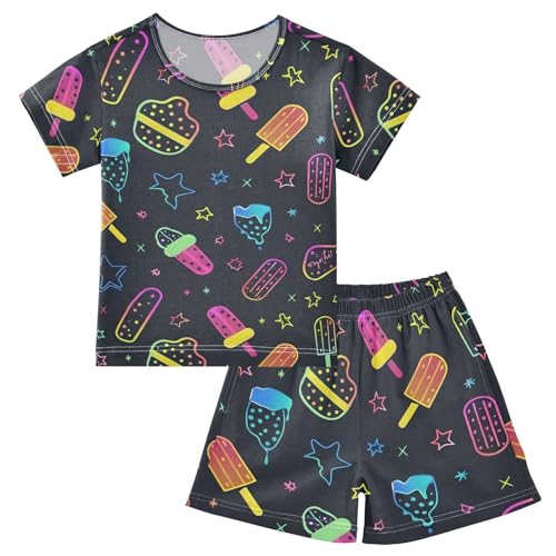 ALAZA Ice Cream Star Black Neon Pajamas Short Sleeve 2 Piece Sleepwear Top and Bottom Pajama Set Unisex