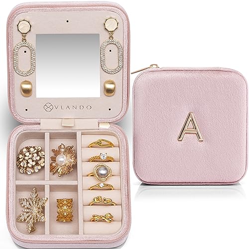 Vlando Travel Jewelry Case Organizer, Personalized Initial Jewelry Boxes for Women Girls, Travel Essentials for Birthday Gifts for Friend Teen Girls - Letter D, Velvet Pink D-pink