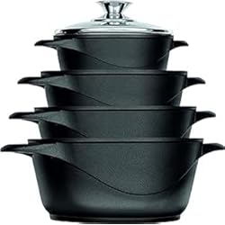 Bateria De Cocina El Volcan Smile MGK-12 - Batería de Cocina, Aluminio Fundido, (4 ollas con 4 tapas de cristal templado de seguridad y 2 manoplas), Negro