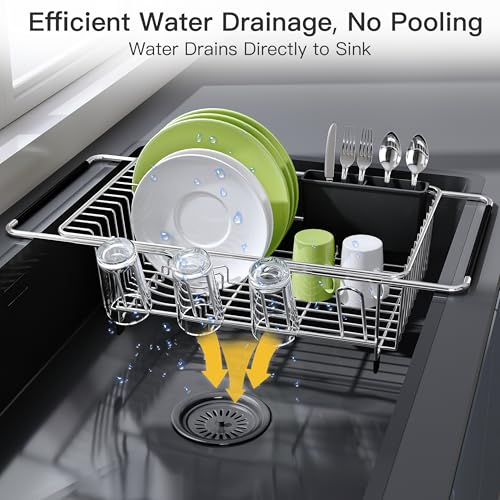 Image of JASIWAY Dish Drying Rack in Sink, Dish Drainer with Cup and Utensil Holder | Over The Sink Expandable Stainless Steel Strainer Dryer Rack for Small Kitchen, Counter Space Saving, Fast Drain, Rustproof