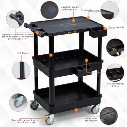 Image of ELAFROS 3-Tier Flat Top & Deep Tub Rolling Utility Cart, 27.5 x 18.25 in | 330 lbs Capacity, Heavy Duty Plastic, 4-Inch Wheels, Service Cart, Work Cart, Storage Organizer, Office Workshop Warehouse