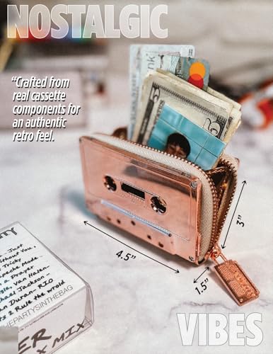Vegan Leather Zipper Wallet, Cassette Tape Design, Credit Card Holder, Women's Cute Wallet, Retro Wallet, Rose Gold Chrome, 70264 AA4